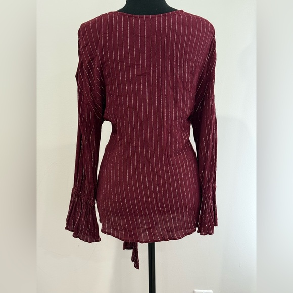 Juicy Couture S Burgundy Metallic Silver Striped Tie-Front w Flare Sleeves 778 - Picture 4 of 8